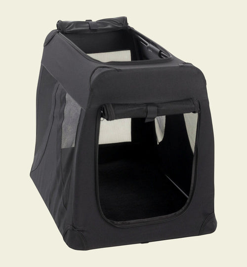 Cage de transport pliable Animozen en nylon noir avec structure métallique renforcée et finitions Oxford. Ouverture zippée avant et dessus.