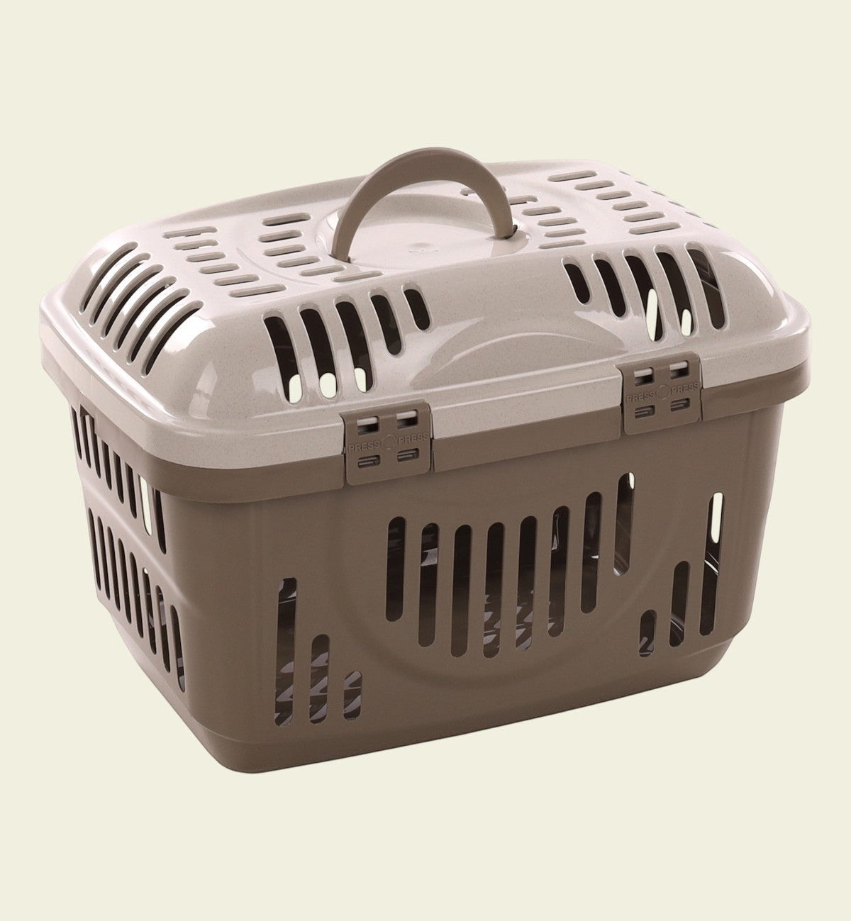 Cage de transport pour chat Animozen Darva beige en plastique, avec poignée et fermetures sécurisées.