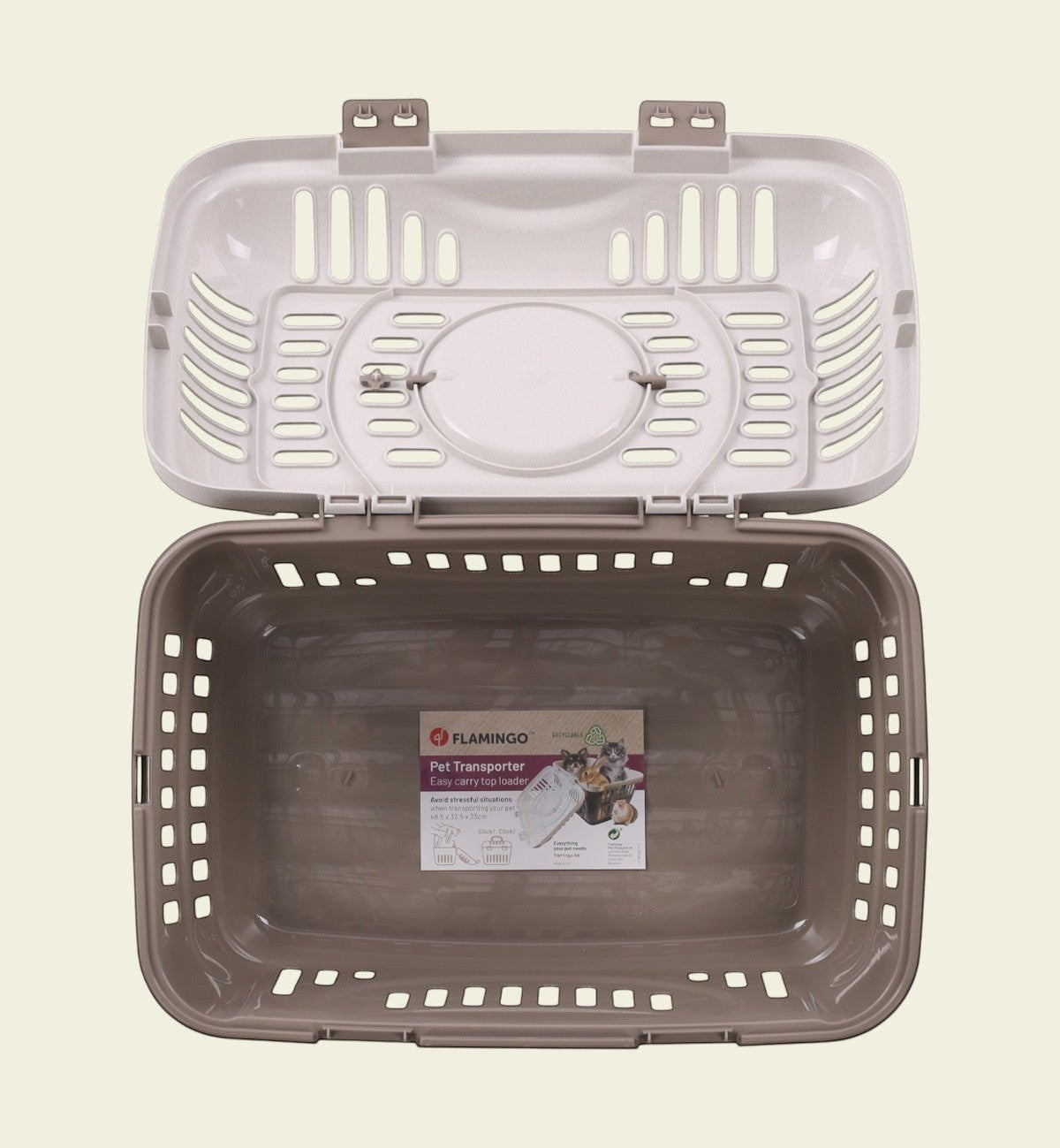 Cage de transport pour chat Animozen Darva beige en plastique, ouverture supérieure, 48,5 x 33,5 x 33 cm