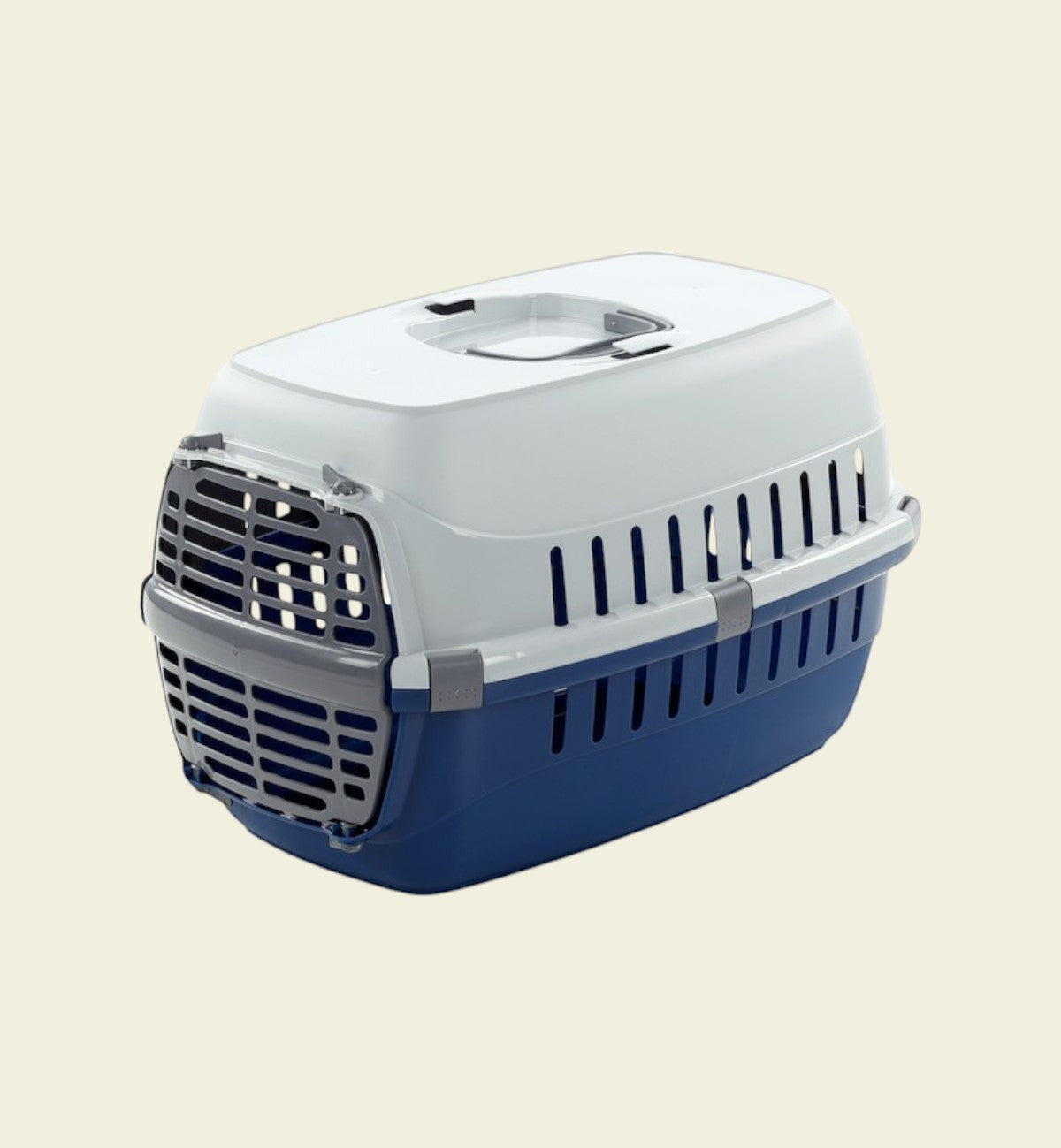 Cage de transport pour chat Animozen Noah 2 bleue et blanche en plastique recyclé avec poignée et aérations.