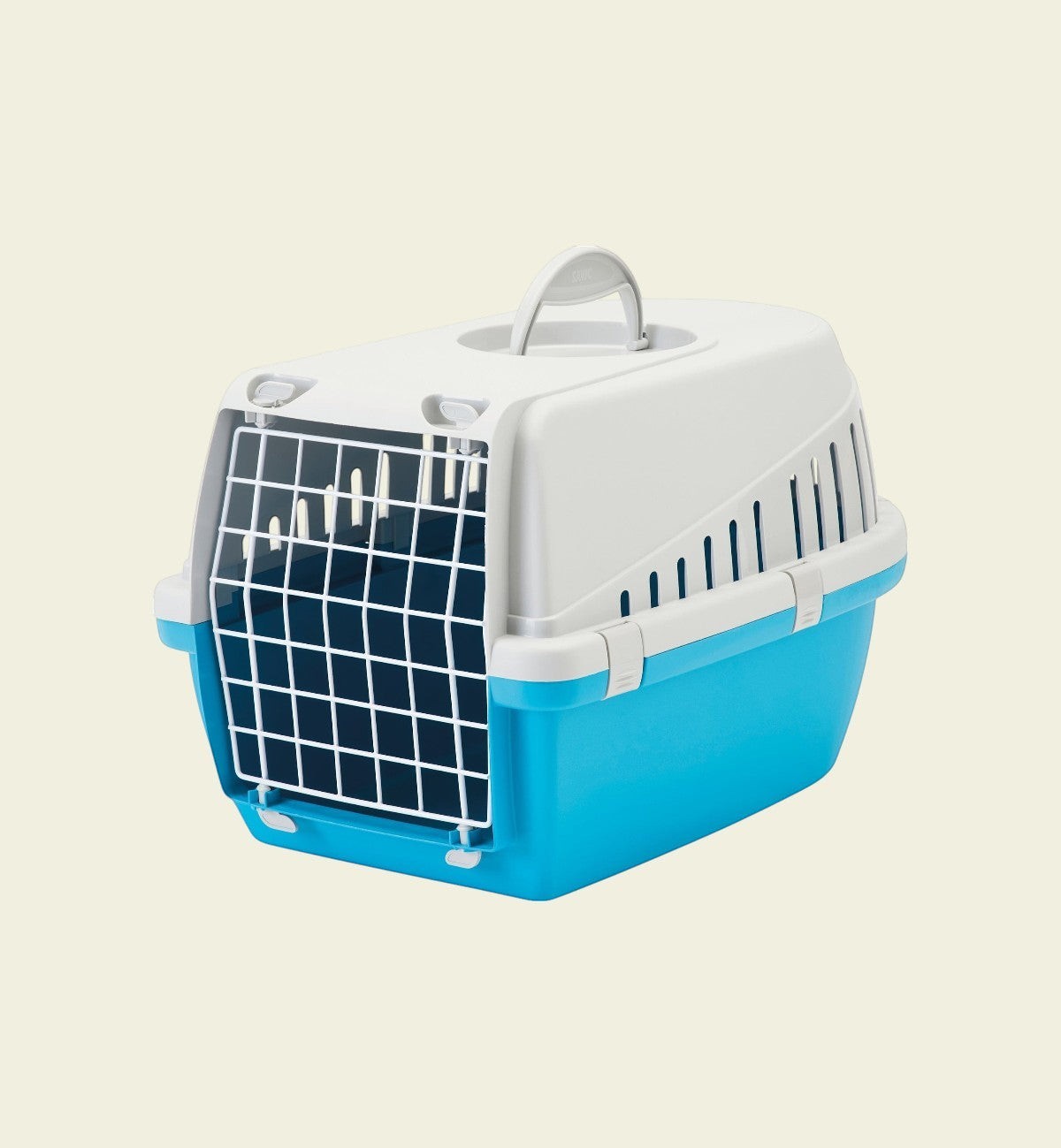 Cage de transport Trotter Animozen bleu et blanc en plastique résistant avec poignée et aérations pour chat.