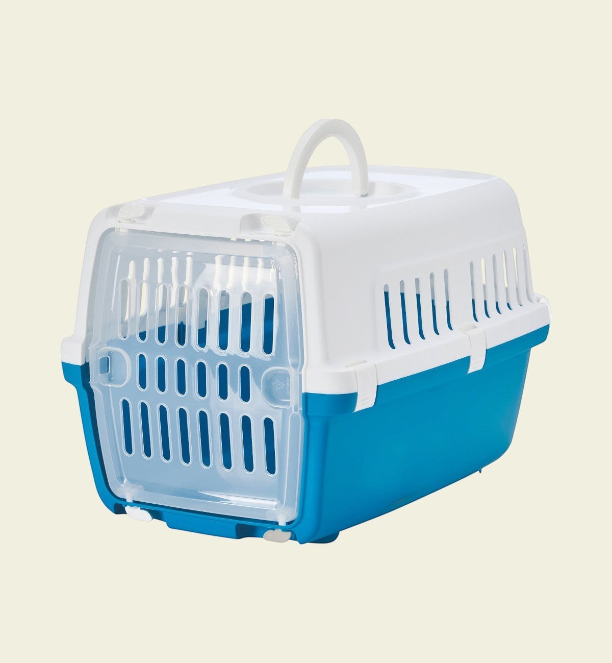 Cage de transport pour chat Animozen Zephos bleue et blanche en plastique résistant avec poignée et aérations.