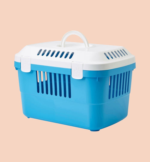 Cage de transport pour chat Animozen bleue et blanche en plastique, ouverture par le dessus, 48,5 cm