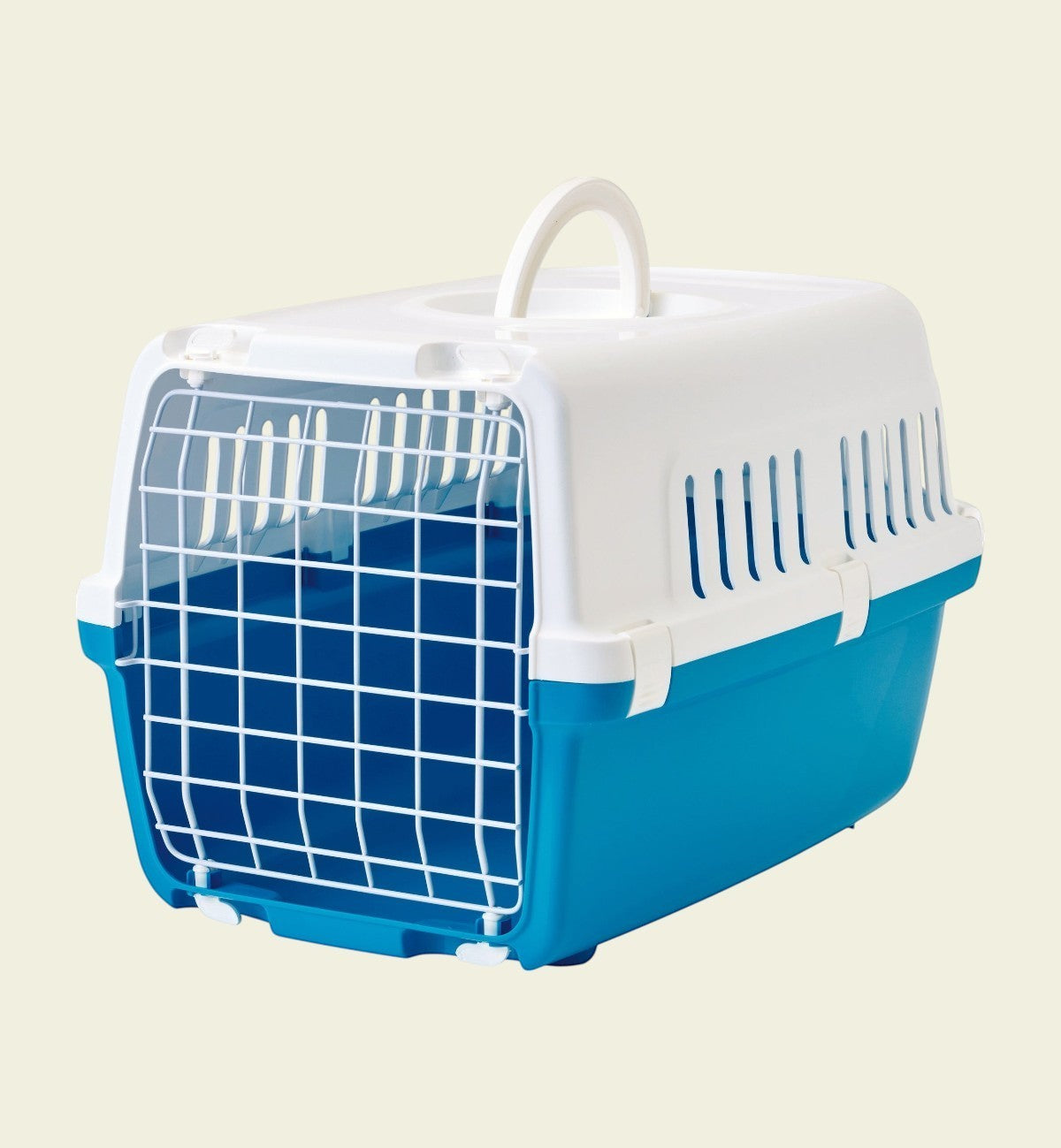 Cage de transport pour chat Animozen Zephos bleue et blanche en plastique, avec poignée et porte métallique.