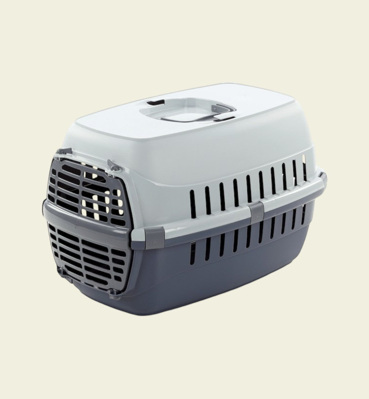 Cage de transport pour chat Animozen Noah 2 grise et blanche en plastique recyclé, avec poignée et aérations.