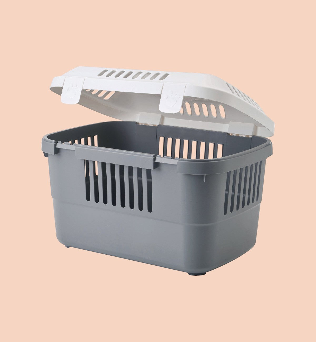 Cage de transport Animozen pour chat en plastique gris et blanc, ouverture par le dessus, aérations latérales.