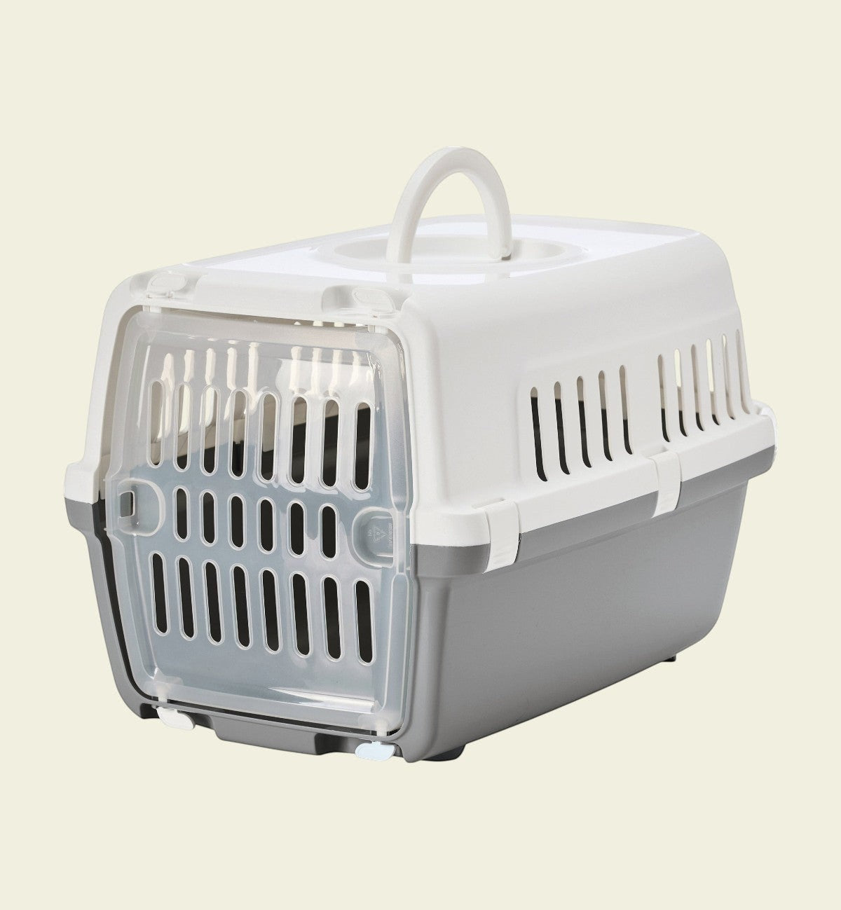Cage de transport pour chat Animozen Zephos grise et blanche en plastique, avec porte grillagée et poignée.