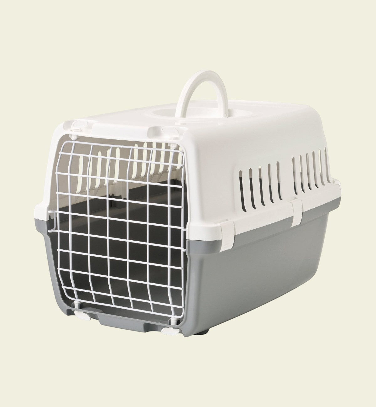 Cage de transport pour chat Animozen Zephos grise et blanche en plastique, avec porte métallique et poignée.