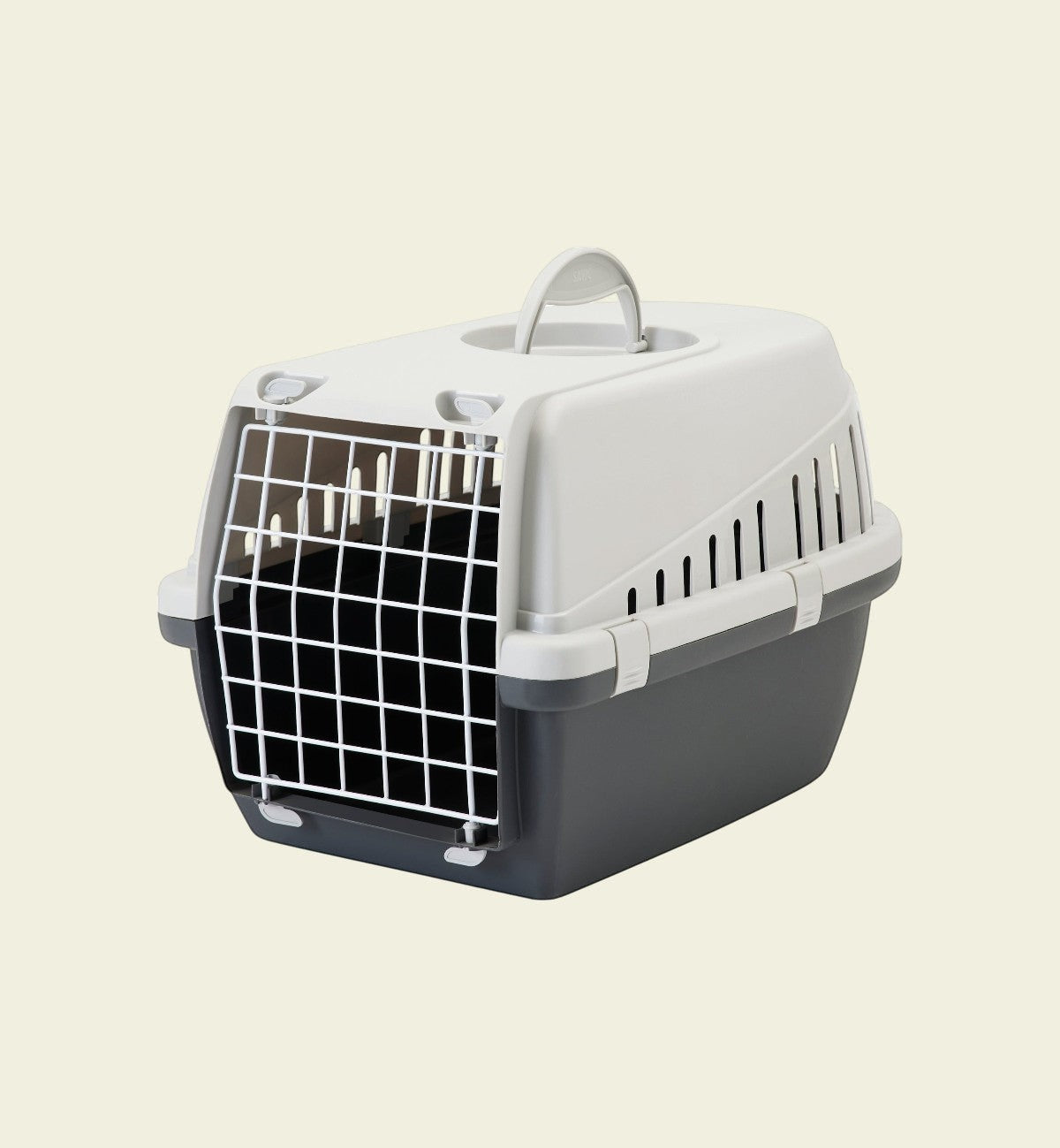 Cage de transport Trotter Animozen en plastique gris et blanc avec porte grillagée et poignée, idéale pour chats.
