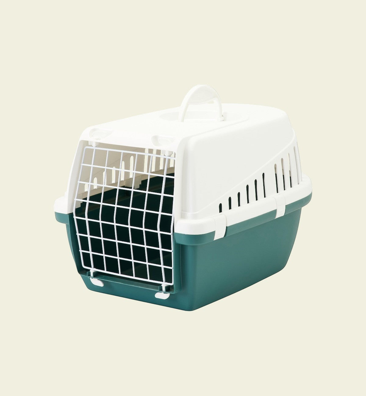Cage de transport Animozen Trotter en plastique résistant, bicolore vert et blanc, avec porte grillagée et poignée.