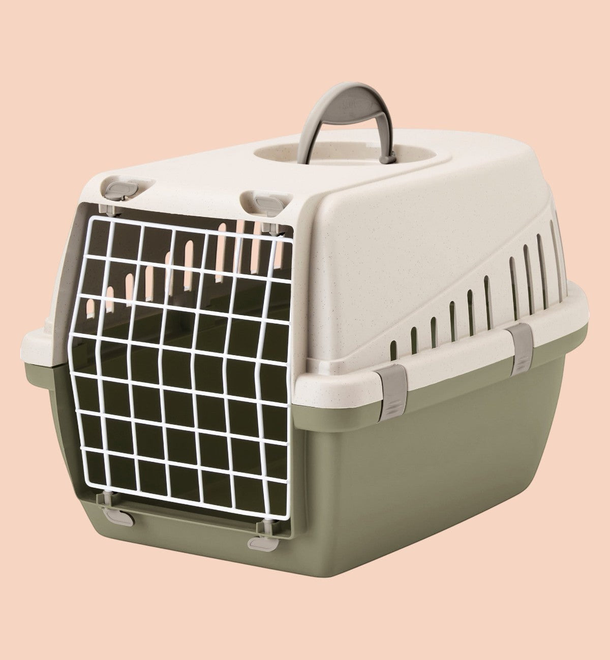 Cage de transport pour chat Animozen en plastique vert et moka avec poignée et grille de sécurité, 49x33x30 cm