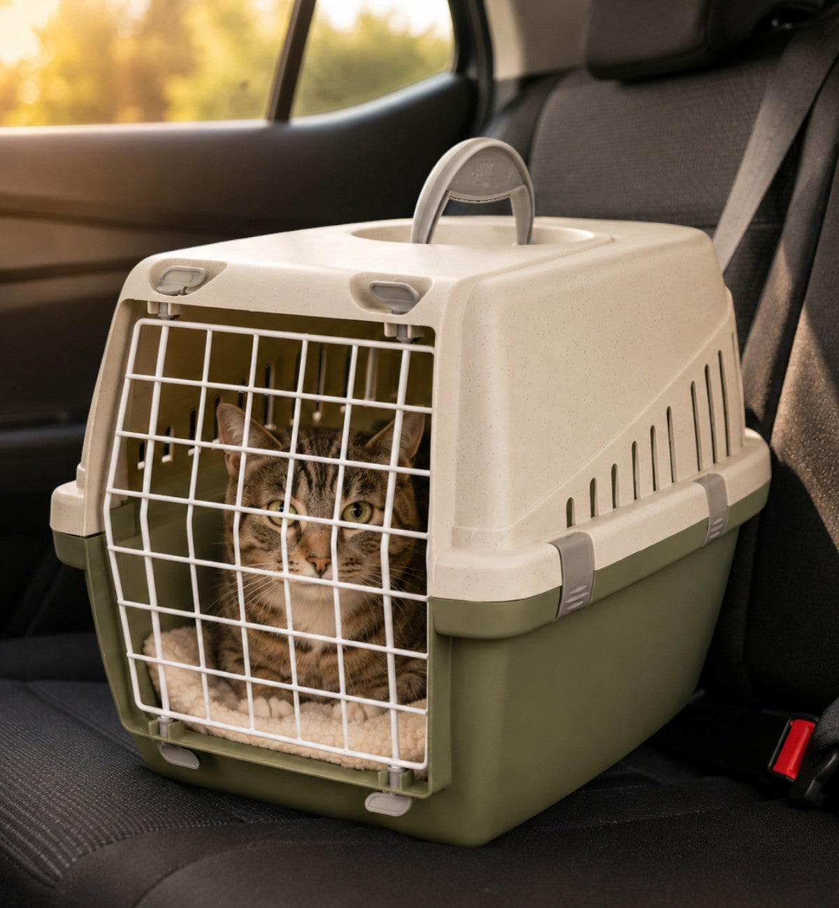 Cage de transport pour chat Savic verte en plastique, avec poignée et aérations, idéale pour les voyages.