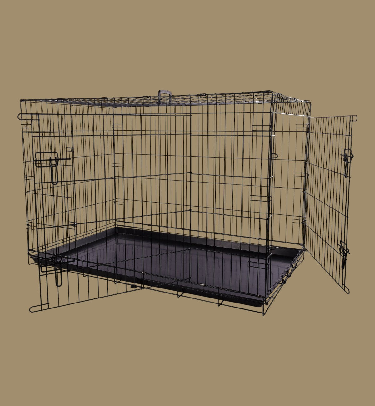 Cage de transport pliable en métal noir Animozen avec 2 portes et plateau amovible, idéale pour chiens.