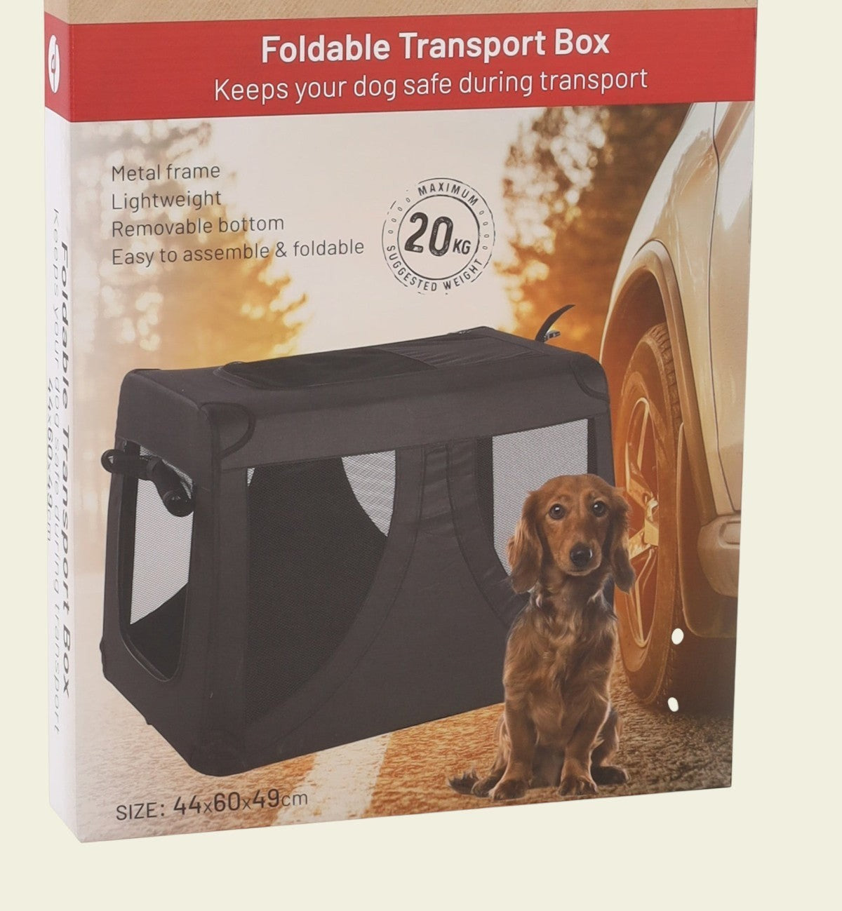 Cage de transport pliable noire Gepetto en nylon et métal, avec ouverture zippée et poignée, pour chiens jusqu'à 20kg.