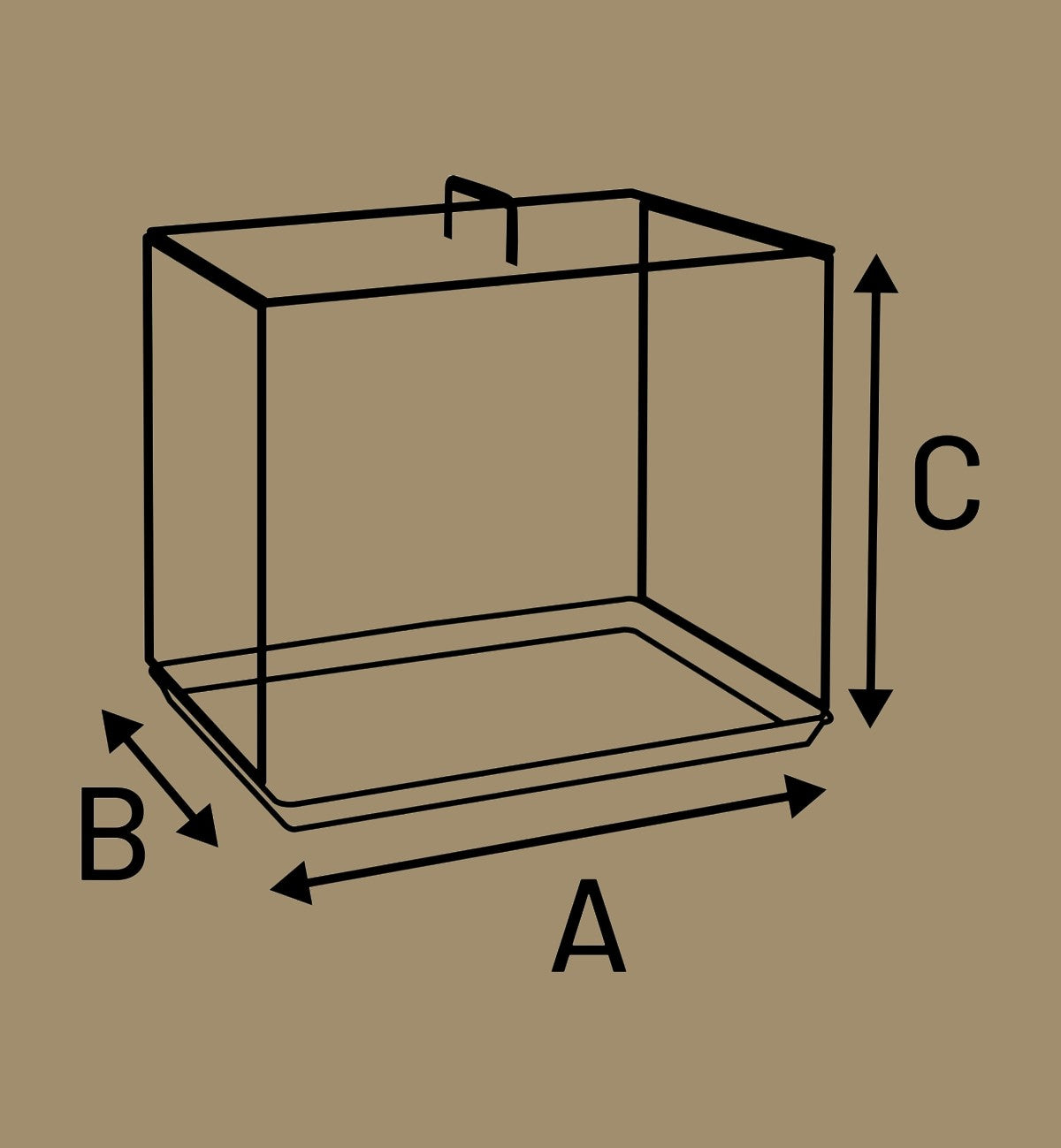 Animozen cage de transport pliable en métal noir avec plateau amovible et poignée, dimensions A, B, C.