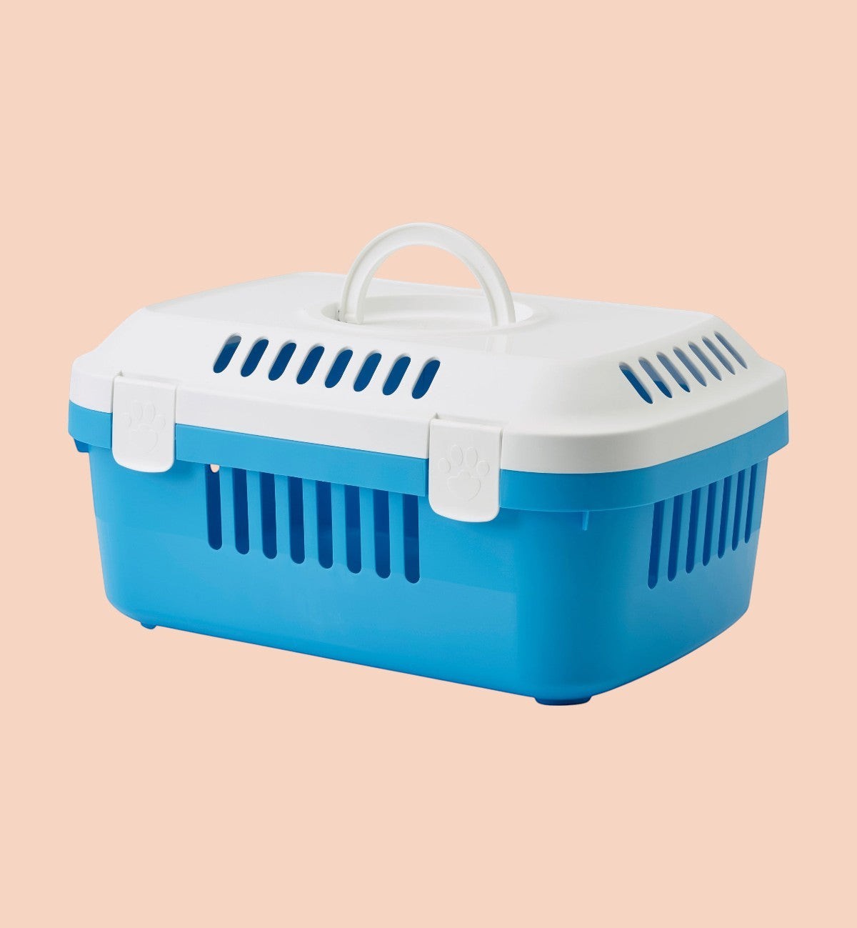 Cage de transport Animozen bleue et blanche pour rongeur en plastique, avec poignée et aérations.