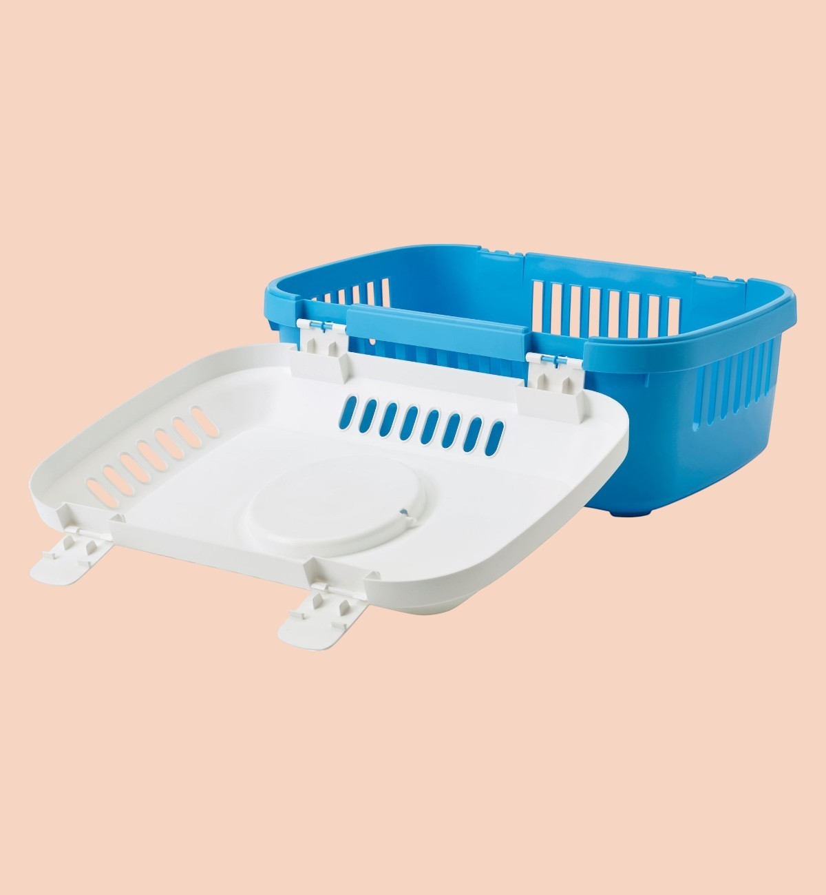 Cage de transport Animozen bleue et blanche en plastique pour rongeur, ouverture par le dessus, aérations latérales.
