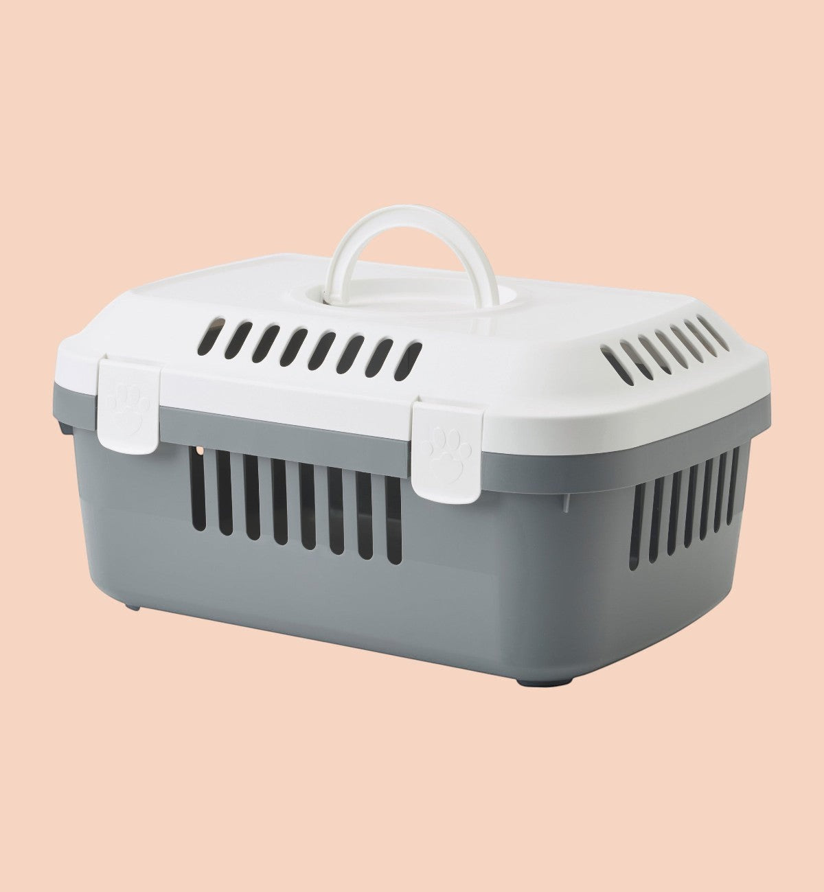 Animozen cage de transport pour rongeur en plastique gris et blanc avec poignée et aérations.