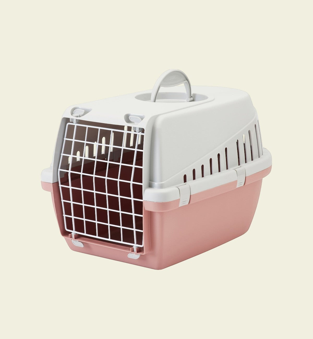 Cage de transport Trotter Animozen rose et grise en plastique, avec porte grillagée et aérations.
