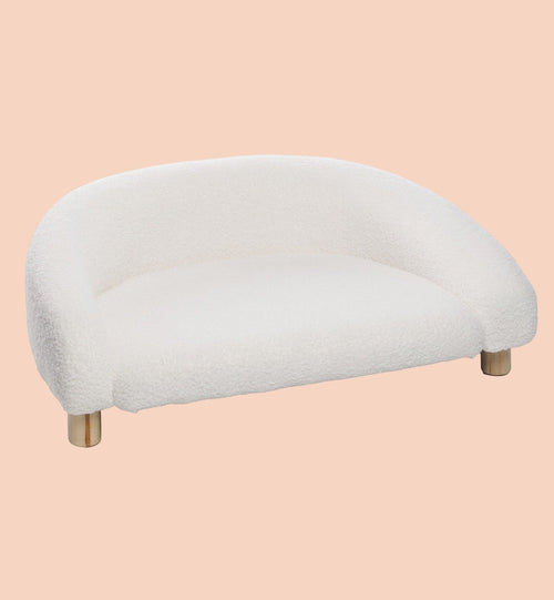 Animozen canapé blanc bouclette pour chien ou chat, design demi-rond, pieds bois, 77x50x27 cm