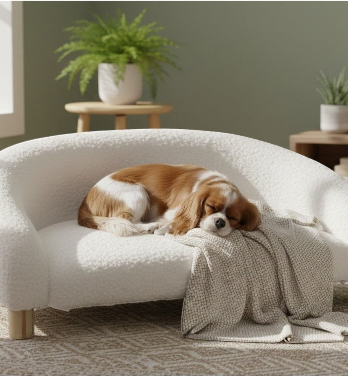 Animozen Canape Bouclette blanc pour chien ou chat, 77x50x27cm, avec un chien Cavalier King Charles endormi.