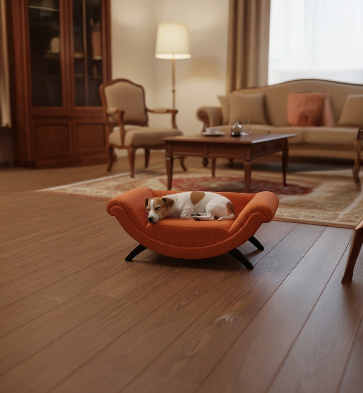 Animozen Canape pour chien ou chat Sofa Dingo orange, design moderne, assise confortable en mousse PU, revêtement textile doux.