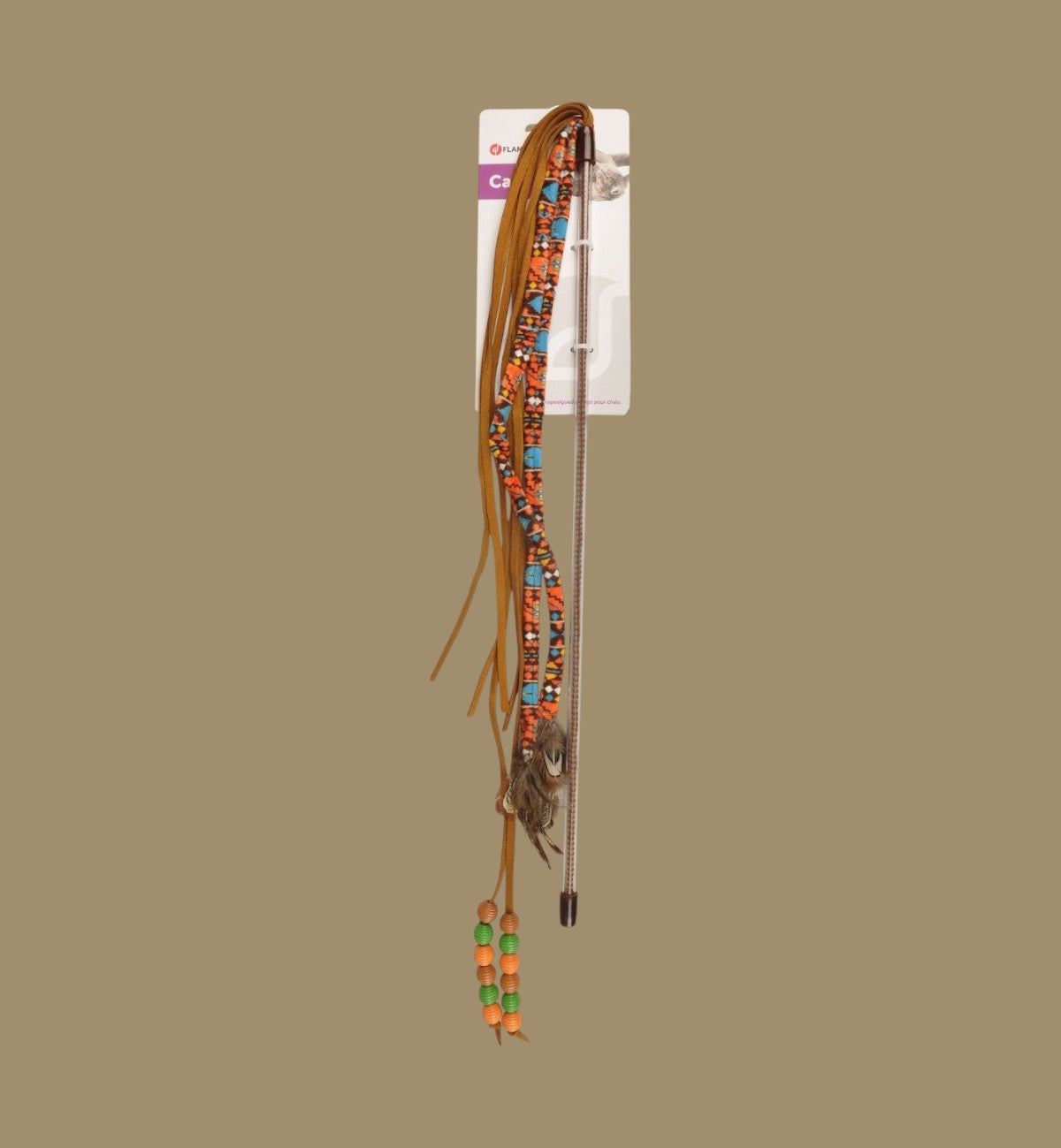 Animozen Jouet Indy Canne à Pêche Plumes & Perles pour chat, avec franges en daim, ruban imprimé et perles en bois.