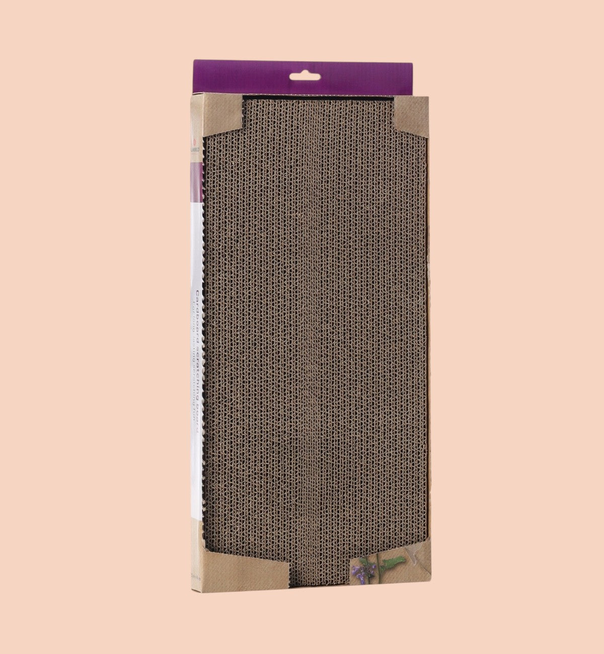 Animozen double-sided brown corrugated cardboard cat scratching board, 22 x 46 cm, with a hint of lavender.