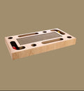 Animozen rectangular cardboard cat scratcher with a scratching surface, two balls, and catnip. Natural wood finish.