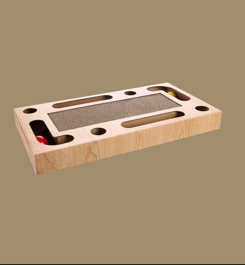 Animozen rectangular cardboard cat scratcher with a scratching surface, two balls, and catnip. Natural wood finish.