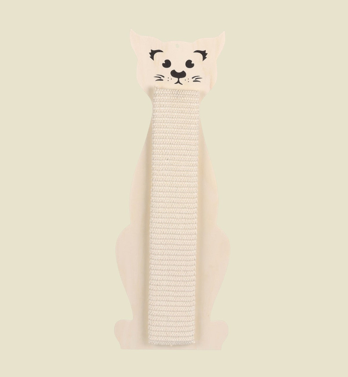 Animozen beige natural sisal wall-mounted cat scratching board in a cat shape with cute face details.