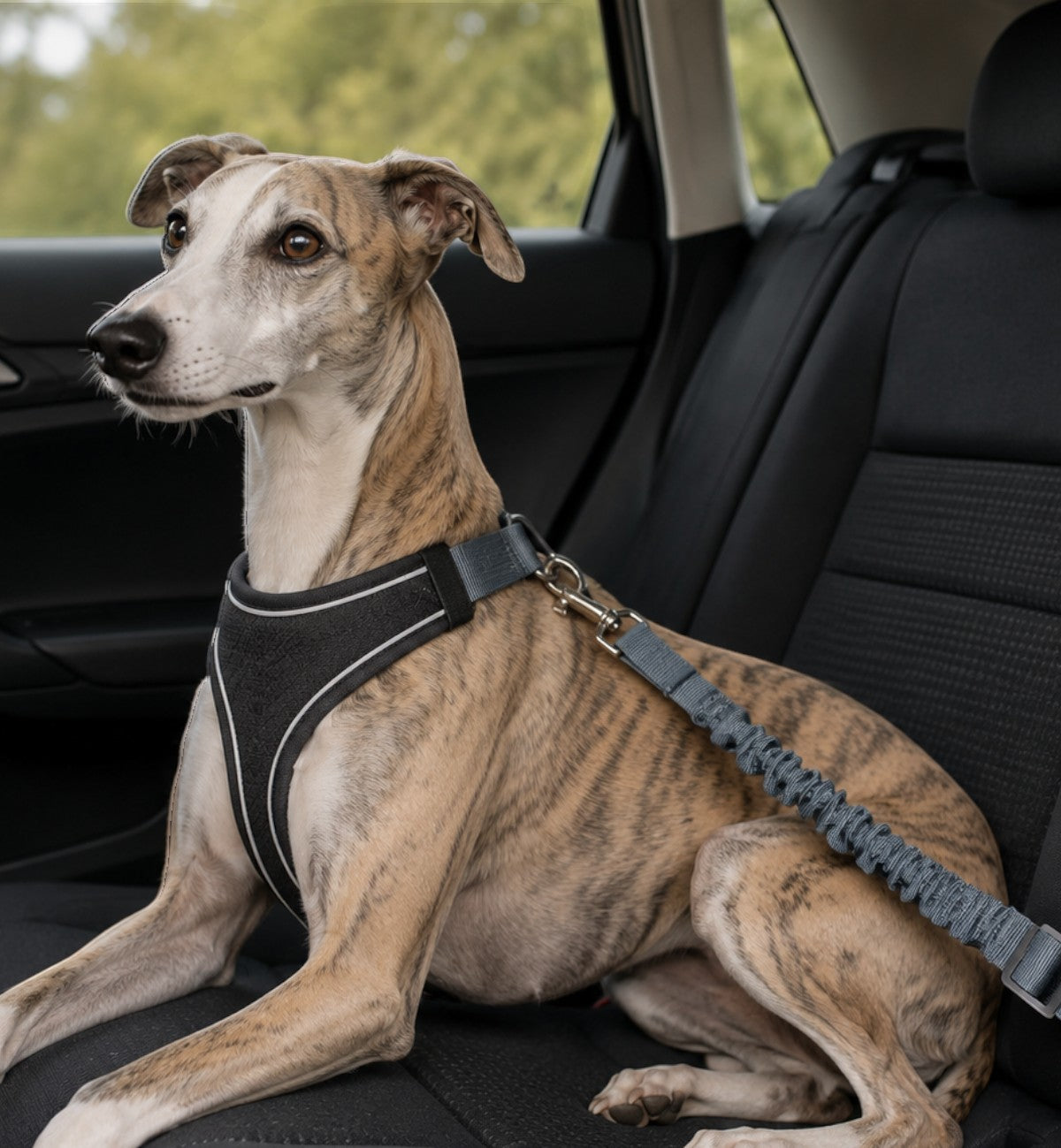 Ceinture de sécurité Ruka Anti Shock grise en polyester pour chien, avec section élastique anti-choc et mousqueton.