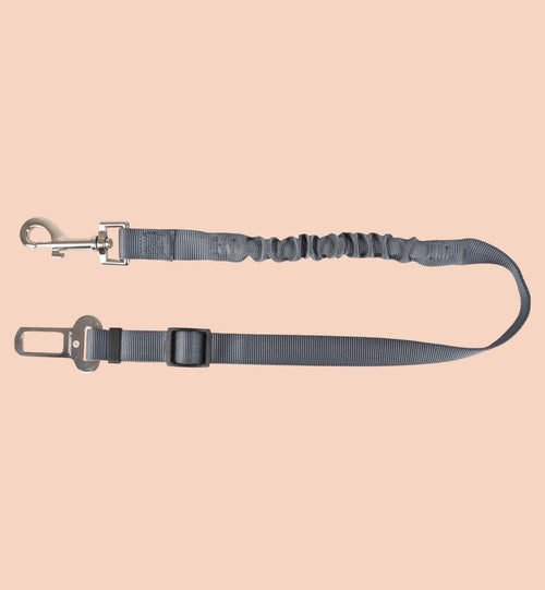 Ceinture de sécurité Ruka Anti Shock grise en polyester avec section élastique et mousqueton métallique pour chien.