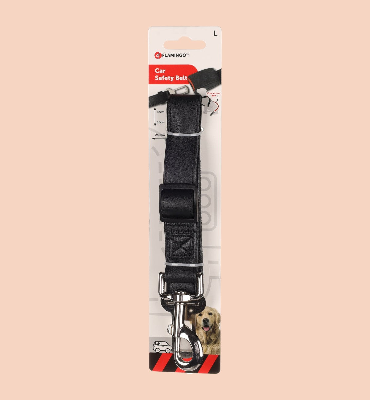 Ceinture de sécurité Kura noire en similicuir pour chien, longueur réglable, avec mousqueton métallique, par Animozen