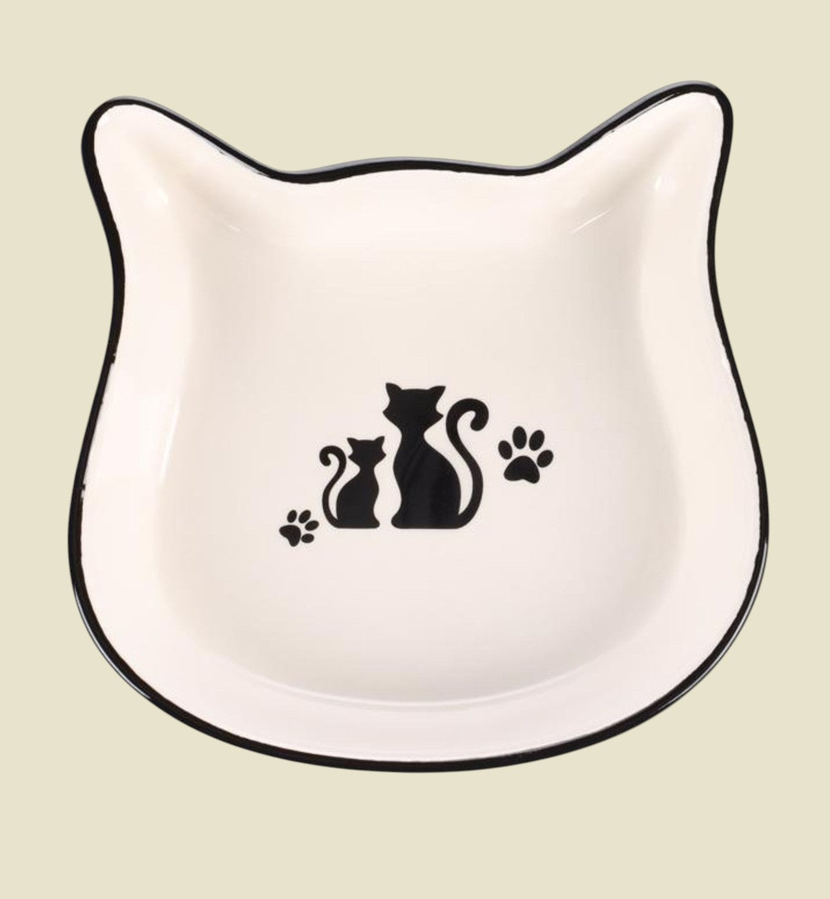 Animozen white ceramic cat-shaped pet bowl with black trim and cat/paw print design.