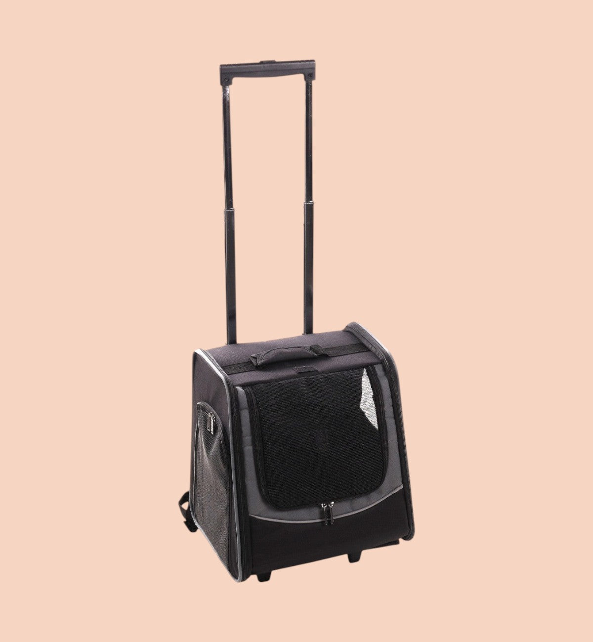Chariot de transport pour animal Animozen Calypto noir en polyester, 3 en 1 avec poignée télescopique et roulettes.