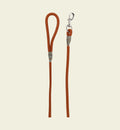 Animozen Athos cognac nylon dog leash with brushed metal clasp and decorative striped band
