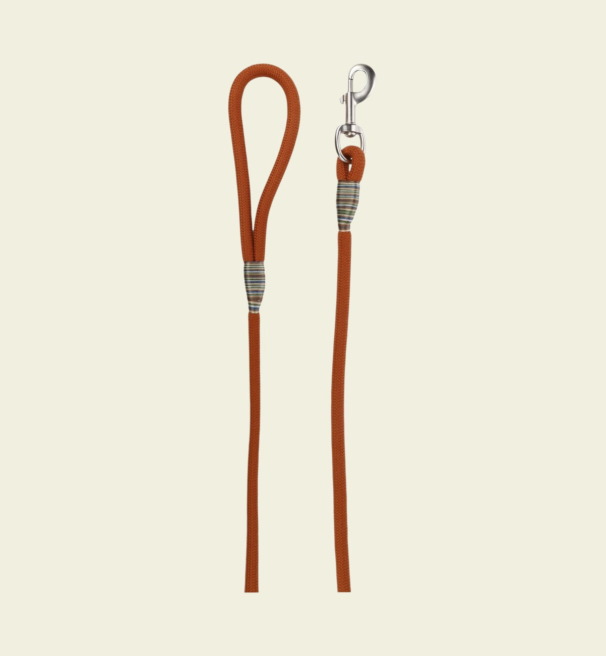 Animozen Athos cognac nylon dog leash with brushed metal clasp and decorative striped band