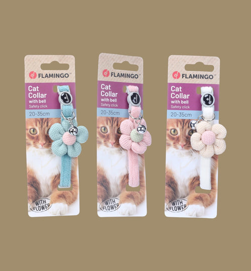 Animozen Collier pour chat Ada bleu et rose avec fleur décorative et clochette, nylon réglable 20-35 cm