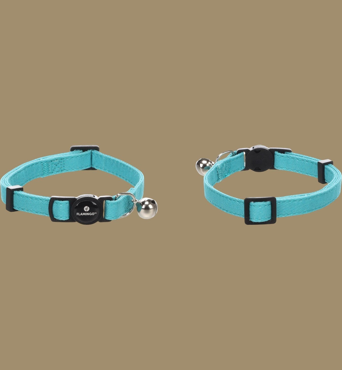 Collier pour chat Animozen Lomi bleu clair en nylon avec clochette, réglable et sécurisé.