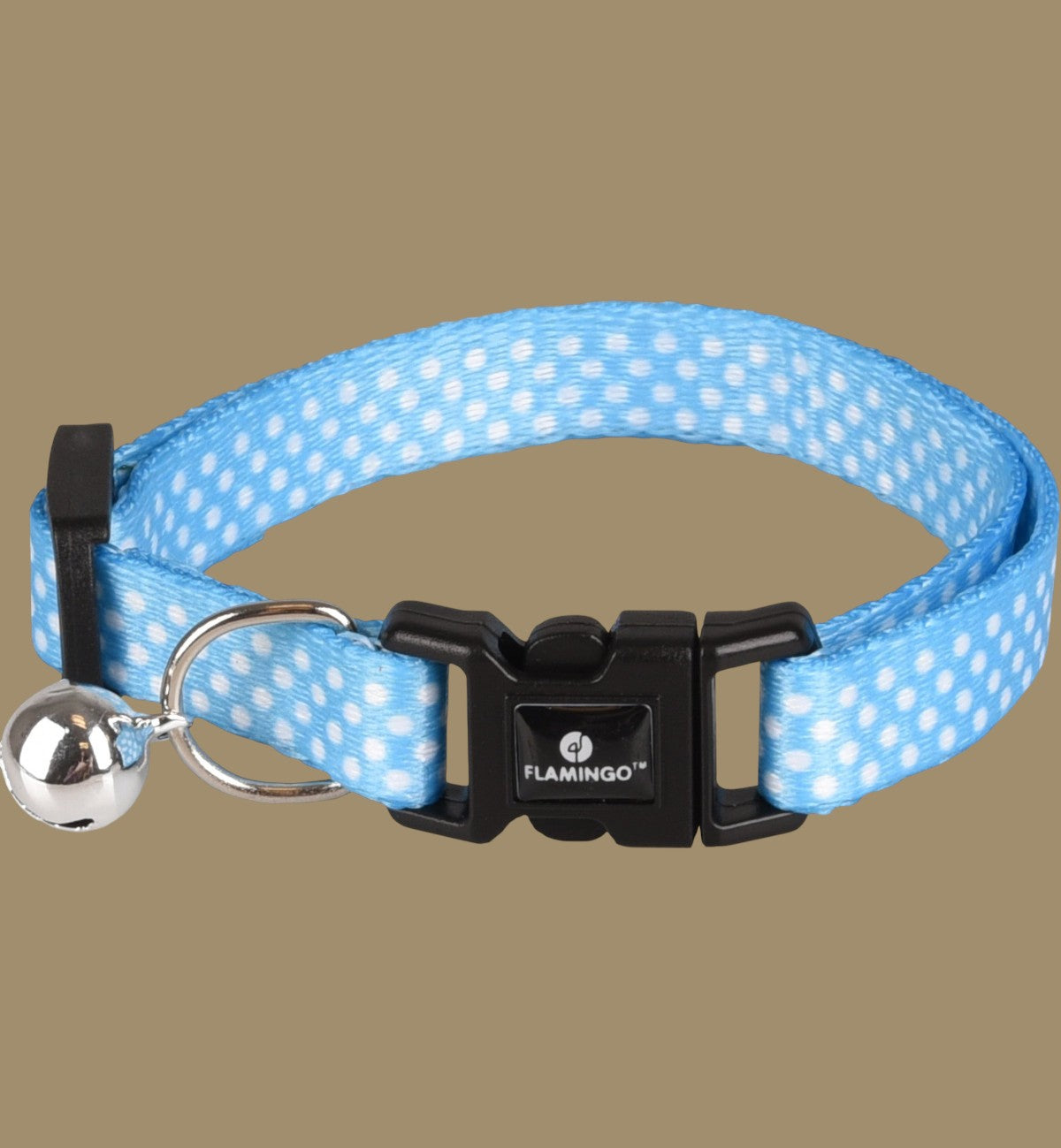 Collier pour chat Animozen Aiwa bleu ciel à pois blancs, avec clochette et fermeture à clic.
