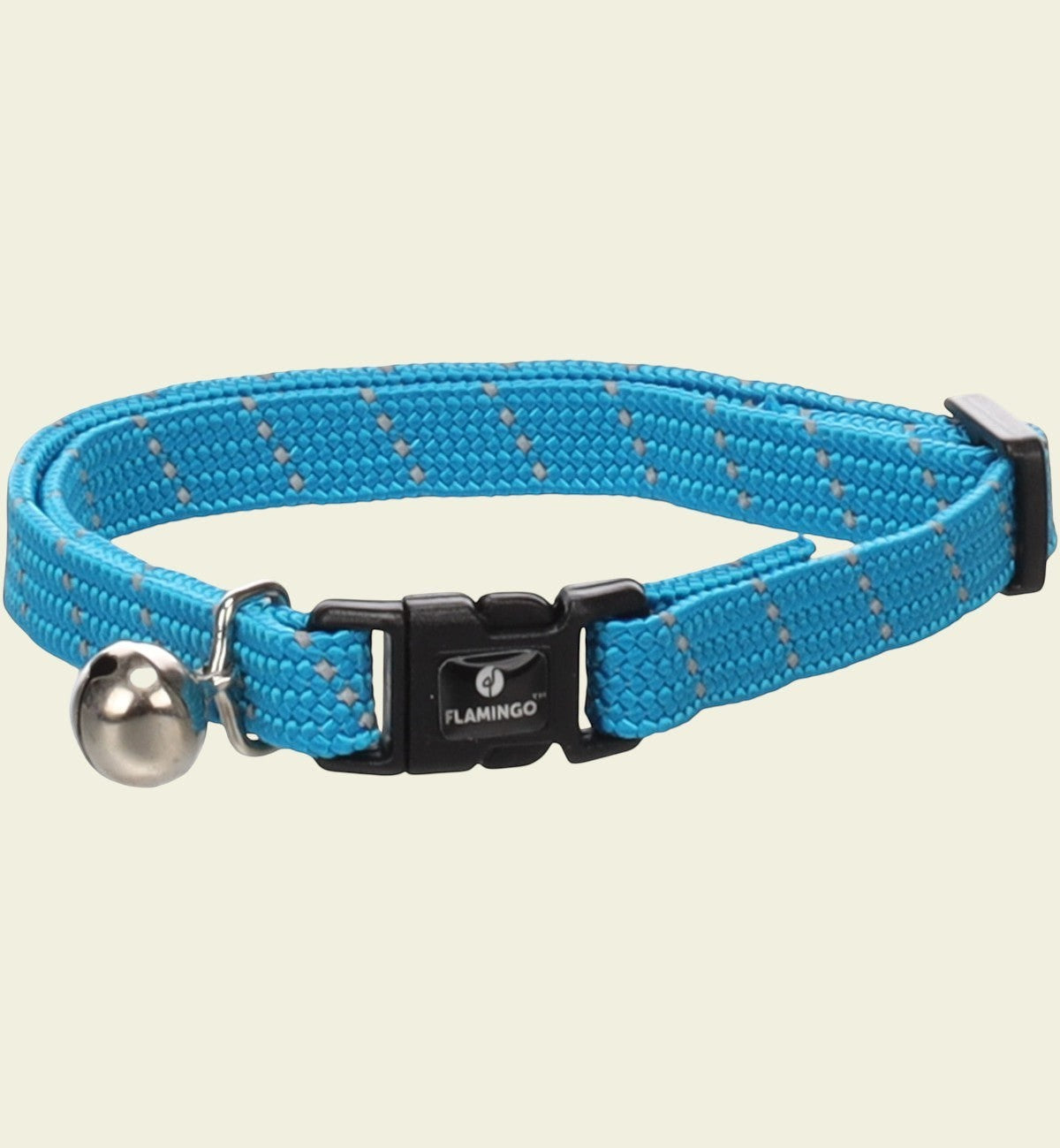 Collier pour chat Animozen Elza bleu rayé en nylon avec clochette et éléments réfléchissants