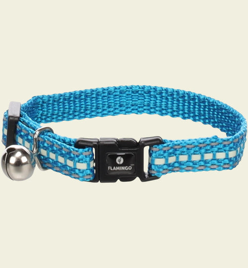 Collier pour chat Animozen Jinxy bleu clair avec rayures réfléchissantes et clochette, en nylon réglable.