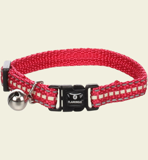 Collier pour chat Animozen Jinxy rouge corail à rayures avec clochette et bandes réfléchissantes en nylon.