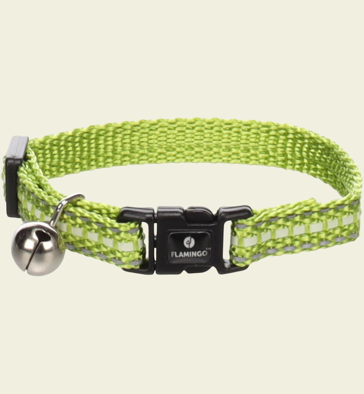 Collier pour chat Animozen Jinxy vert clair rayé, en nylon réfléchissant avec clochette et fermeture à clic.