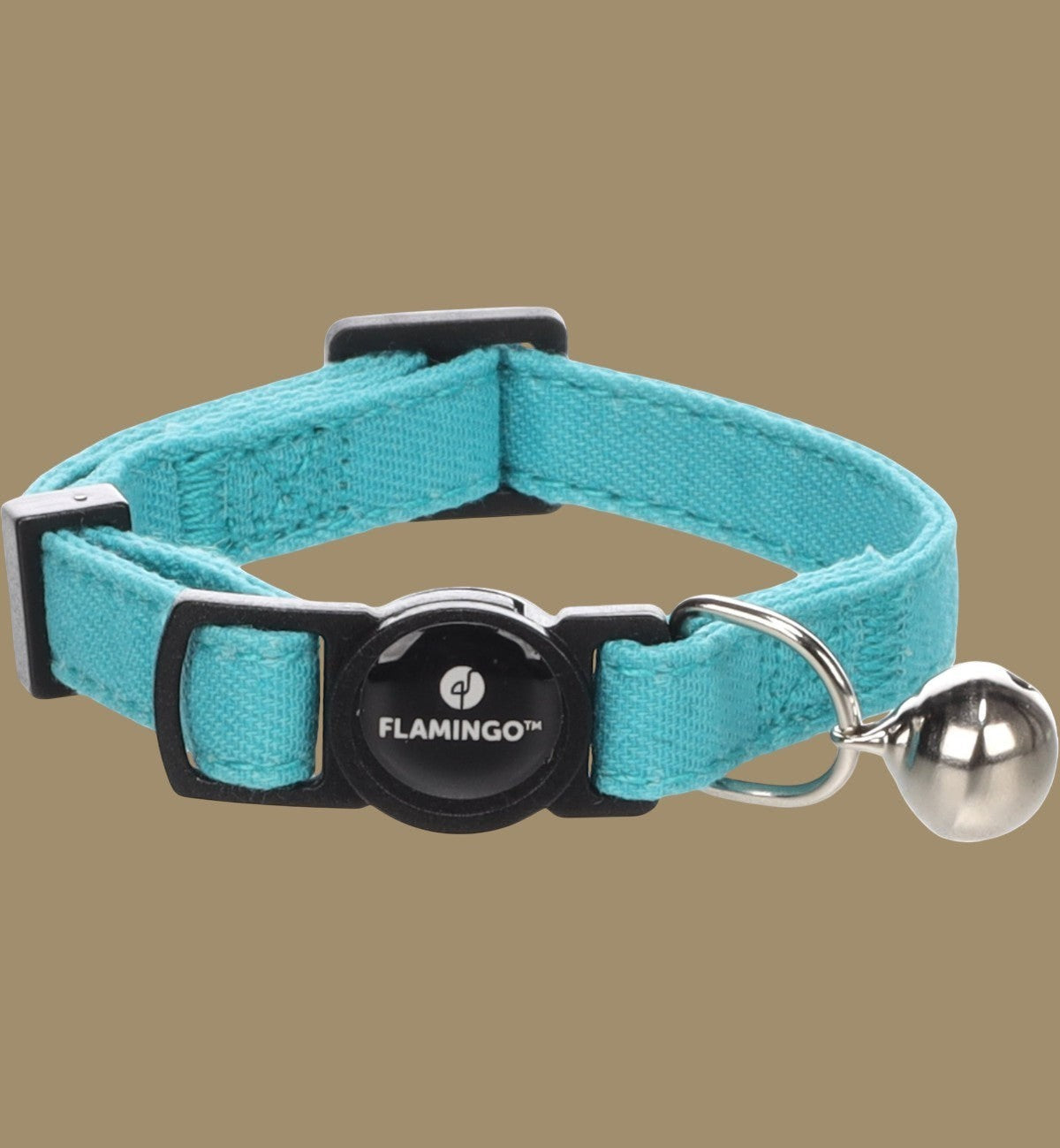 Collier pour chat Animozen Lomi bleu clair en nylon doux avec clochette et fermeture de sécurité.