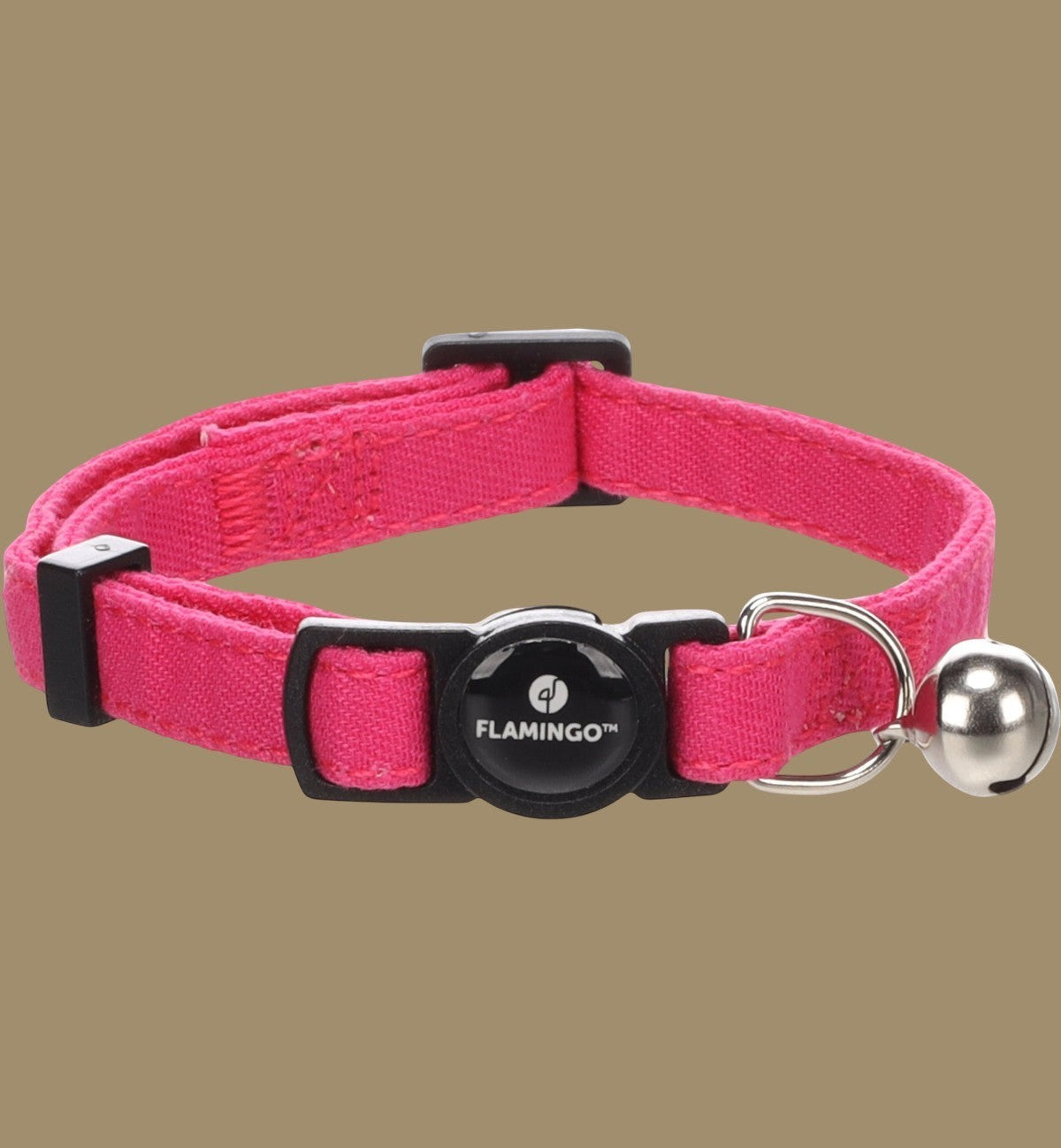 Collier pour chat Animozen Lomi rose vif en nylon, réglable, avec clochette et fermeture de sécurité.