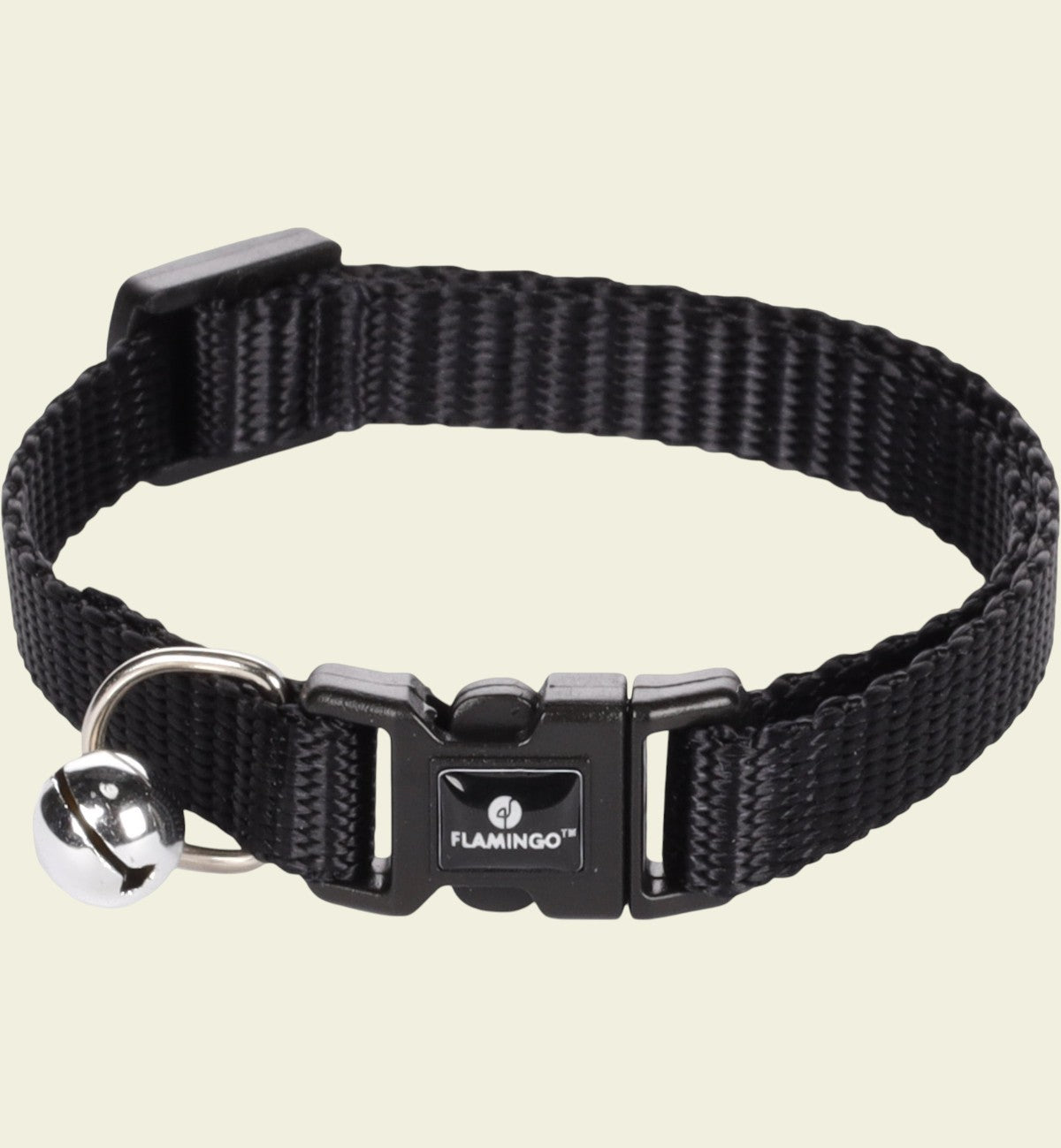 Collier pour chat Animozen Ziggi noir en nylon réglable avec clochette et fermeture à clic sécurisée.