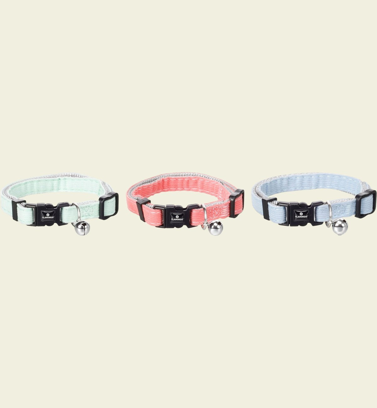Collier pour chat Animozen Elfi en nylon côtelé, réglable, avec clochette. Disponible en vert, corail et bleu clair.