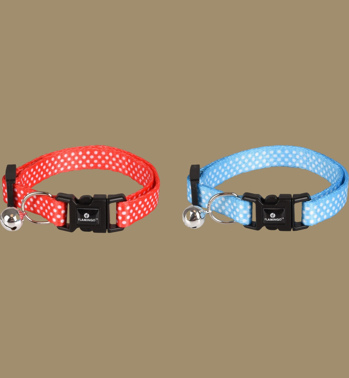 Animozen Collier Aiwa rouge et bleu à pois blancs, avec clochette et fermeture à clic. Nylon réglable.